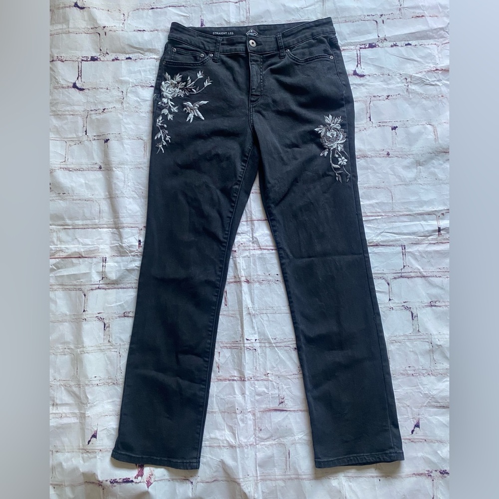 St Johns Bay Black Straight Leg Jeans Floral Embroidered Stretch Sz 12
